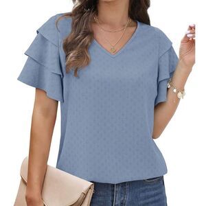 Bofell Womens Tops Dressy Casual Ruffle Sleeve V Neck Small